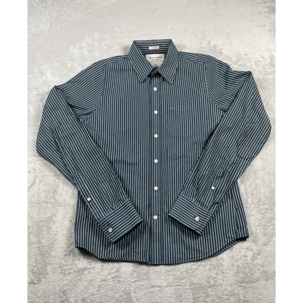 Abercrombie‎ & Fitch Mens Muscle Fit Striped Button Down Shirt Navy Blue Large